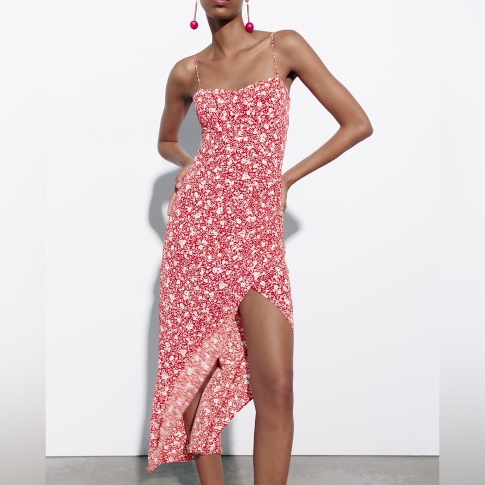 🌺 Zara red white floral corset style midi dress summer wedding reformation slit